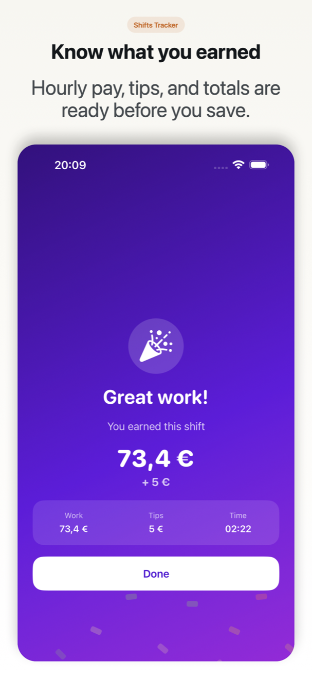 Completed shift earnings summary.