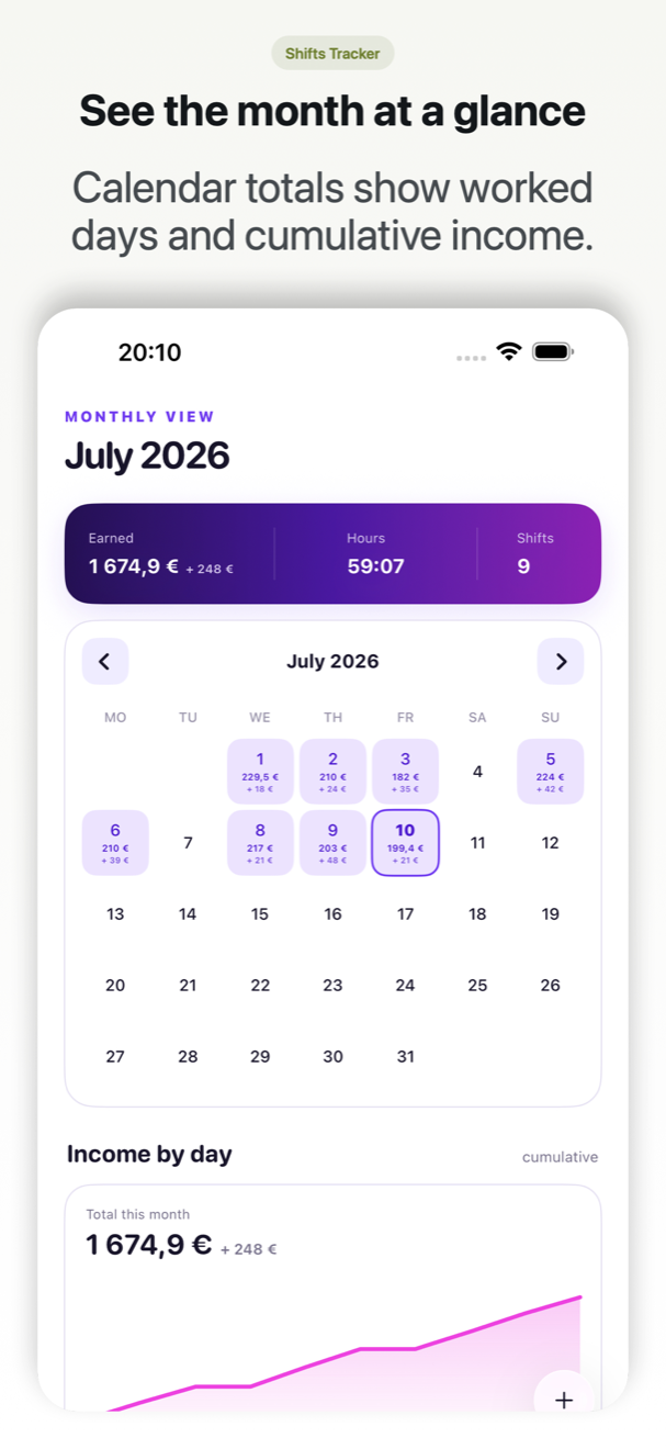 Monthly calendar with income chart.