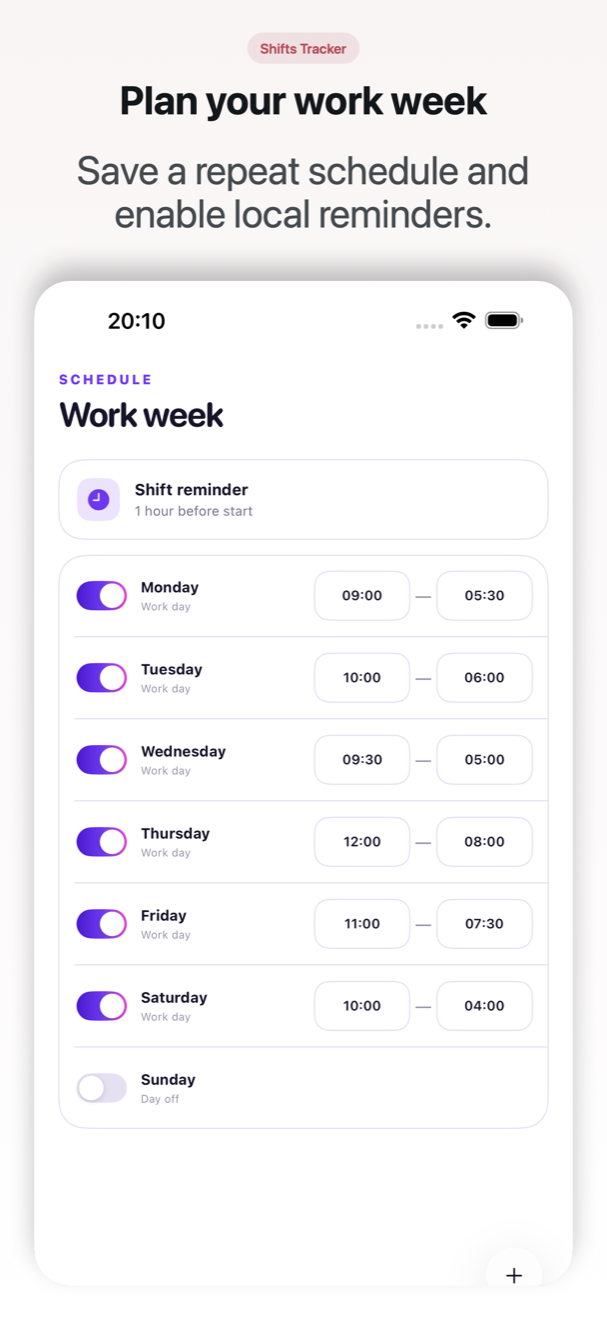 Weekly work schedule with reminders.